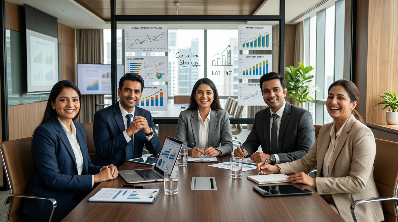 Madon Finserv executive team of financial advisors in modern boardroom
