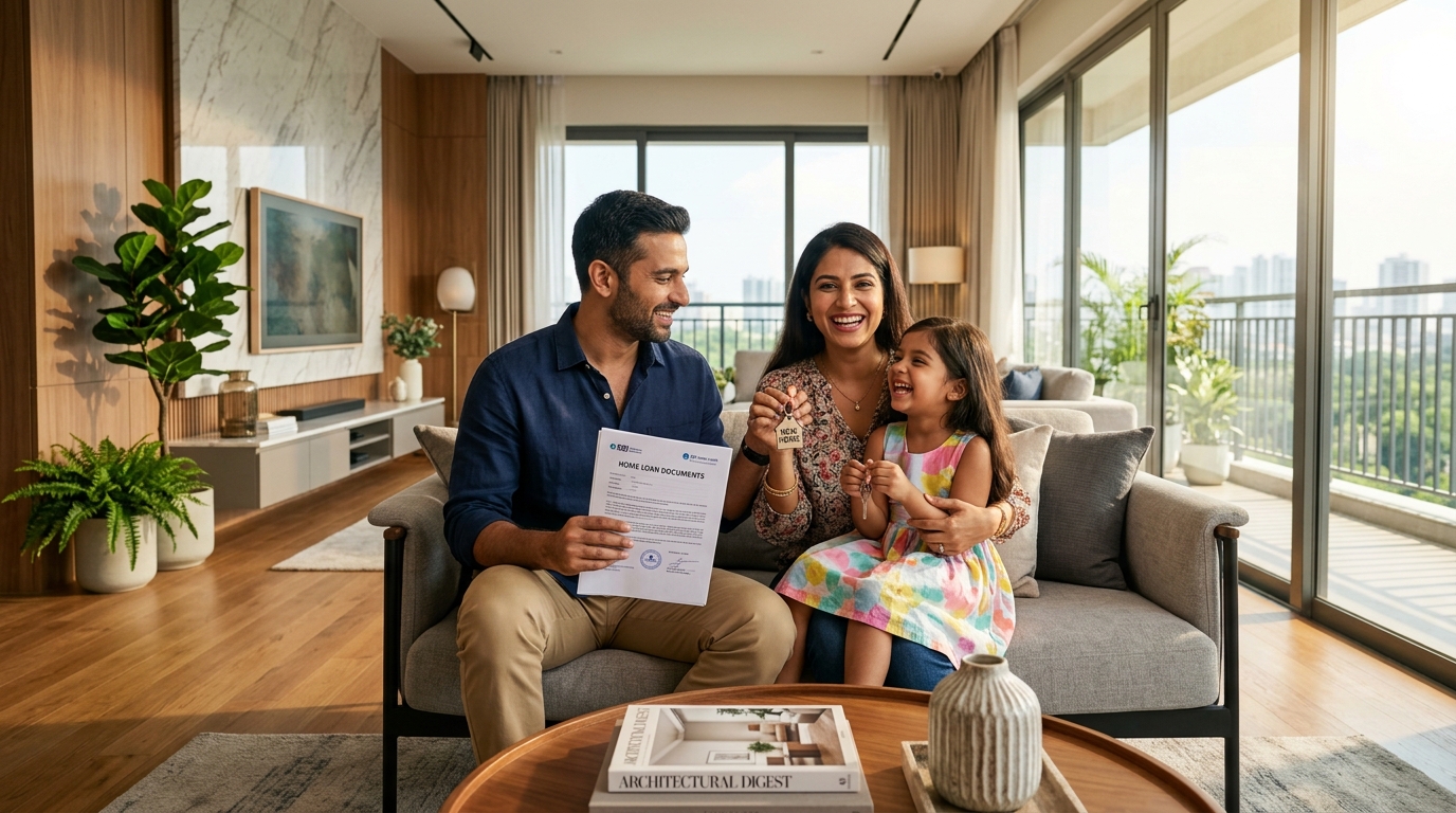 Happy Indian family with approved home loan documents and house keys